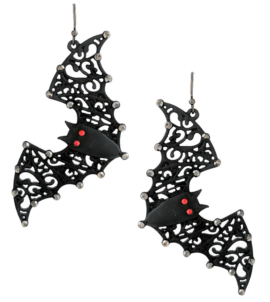 Women's Black Bats With Red Crystal Eye Detail Spooktacularly Fun Halloween Earrings, 2.5