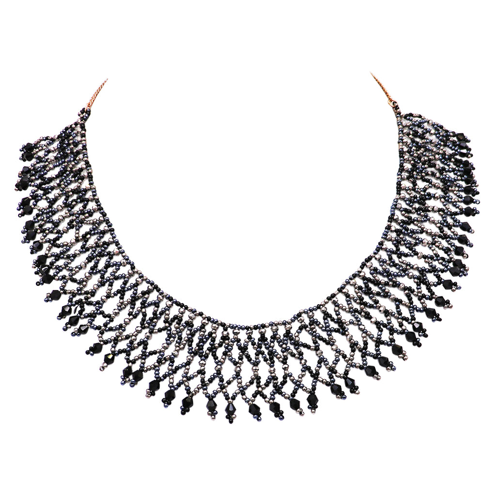 Bohemian Goddess Vintage Black Crystal Ruffle Seed Bead Collar Necklace, 18