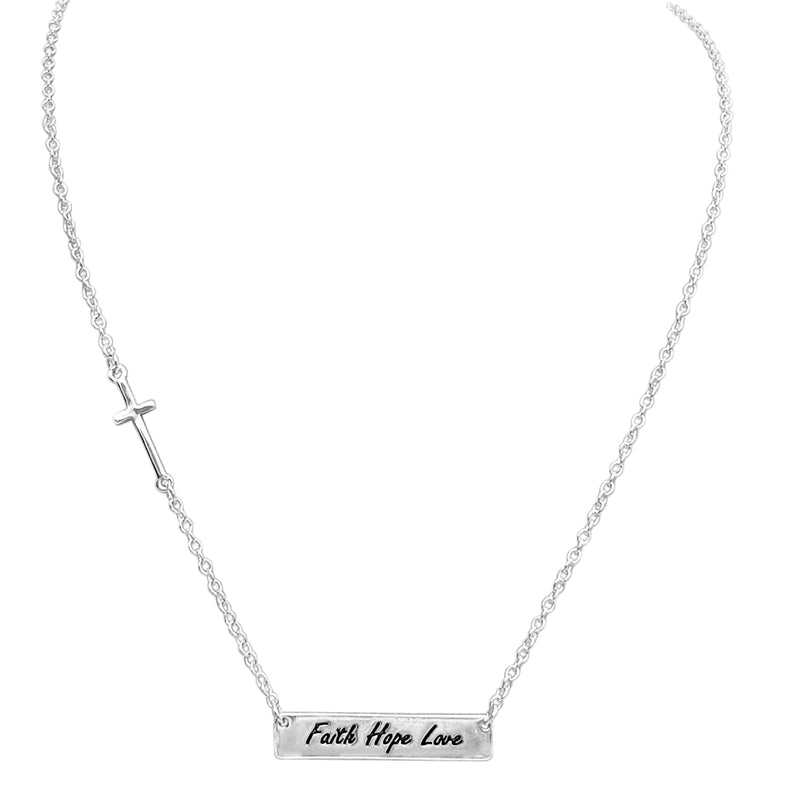 Rosemarie's Religious Gifts Women's Stunning Silver Tone Inspirational Faith Hope Love Bar Pendant Engraved Necklace, 18"+3" Extender