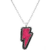 Western Style Lightning Bolt With Colorful Semi Precious Natural Howlite Stone Pendant Necklace, 18"+3" Extender (Fuchsia Pink Stone)