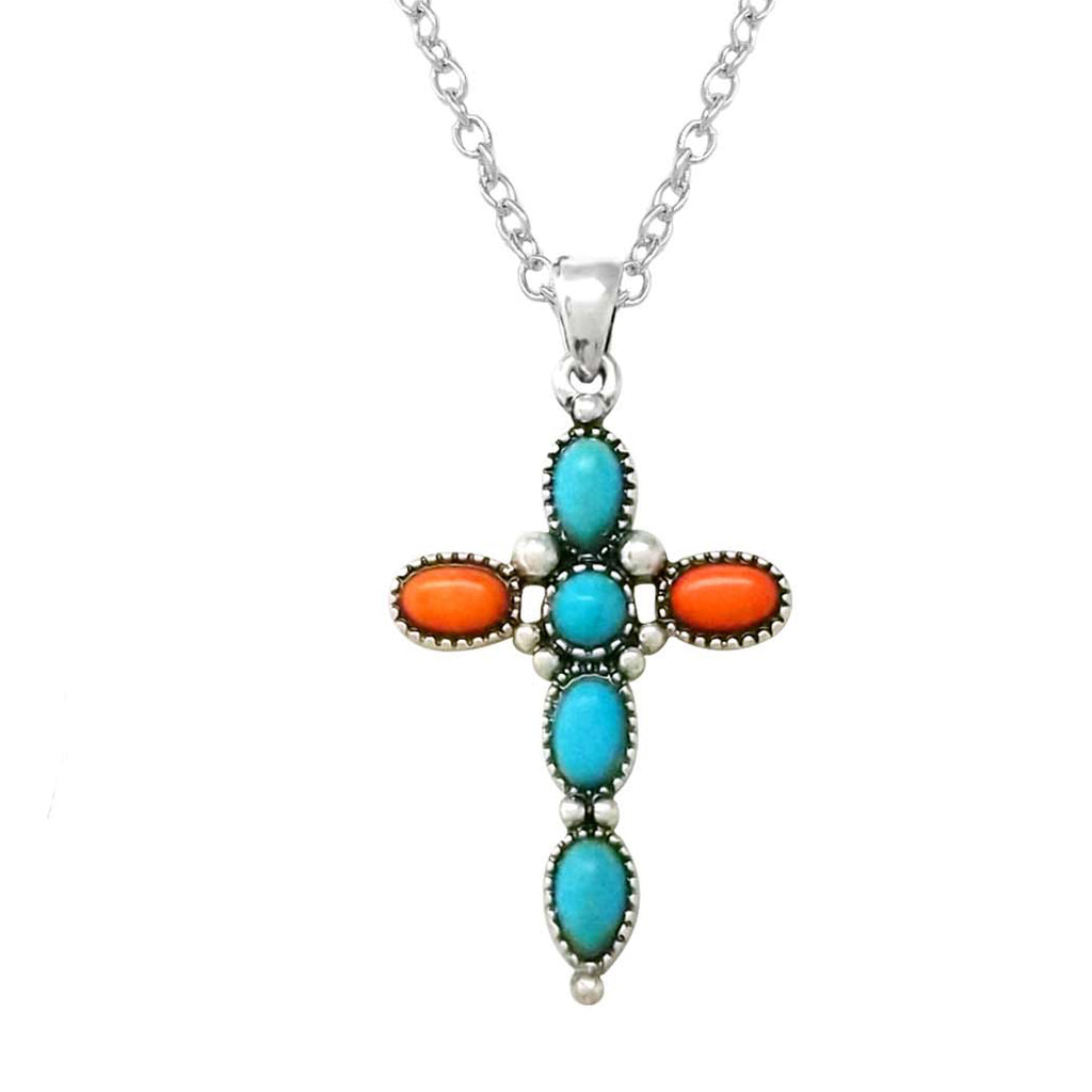 Rosemarie's Religious Gifts Cowgirl Chic Statement Western Style Christian Turquoise Cross Charms on Vegan Leather Braided Cord Necklace Earrings Gift Set,18+3 Extension