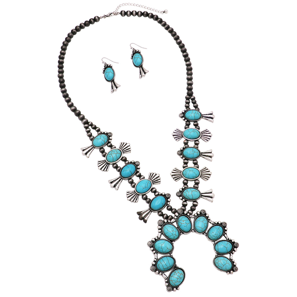 Rosemarie & Jubalee Women's Cowgirl Chic Jewelry Set - Squash Blossom Necklace & Earrings With Buffalo Coins & Howlite