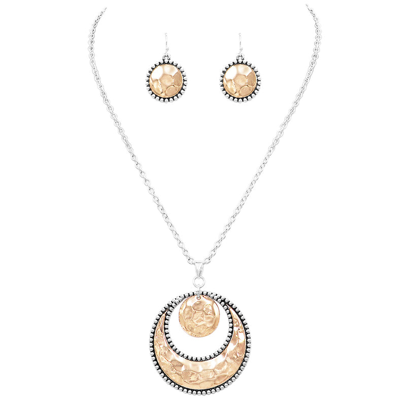 Women's Stunning Two Toned Hammered Metal Celestial Crescent Moon Pendant Necklace Earrings Set, 18"-21" with 3" Extender