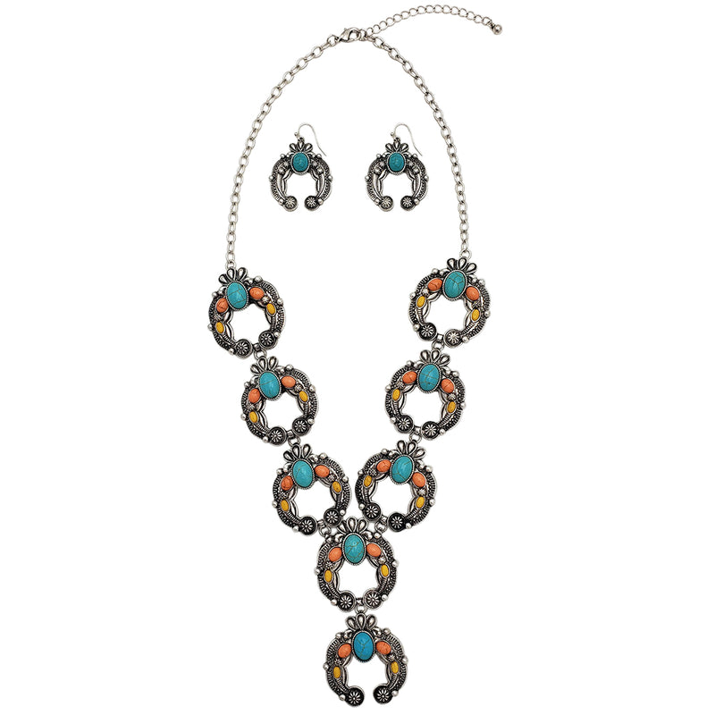 Stunning Cowgirl Chic Western Style Colorful Howlite Stone Squash Blossoms Y-Drop Necklace Earrings Set, 24"+3" Extension