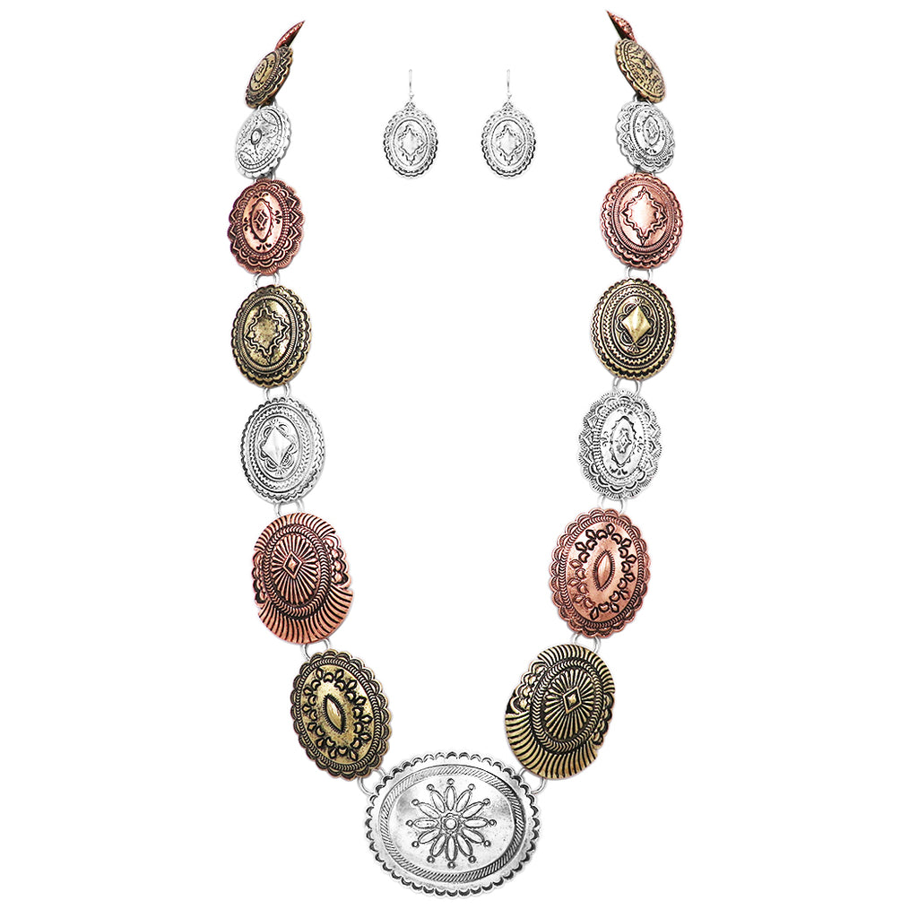 Cowgirl Chic Statement Western Tri Tone Concho Medallion Necklace Earrings Set, 30