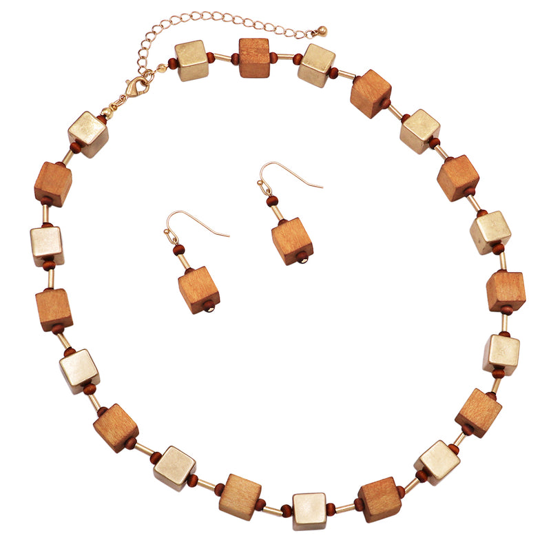Chic Wooden Cube And Worn Gold Tone Square Bead Strand Necklace Earring Set, 18"+3" Extender