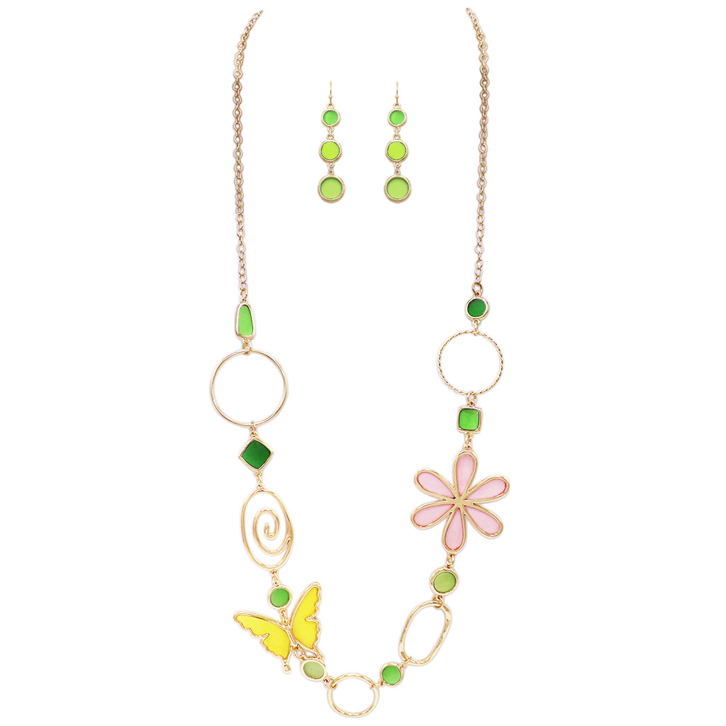 Stunning Gold Tone Rings With Colorful Stained Glass Butterfly And Flowers Necklace Dangle Earrings Gift Set, 36