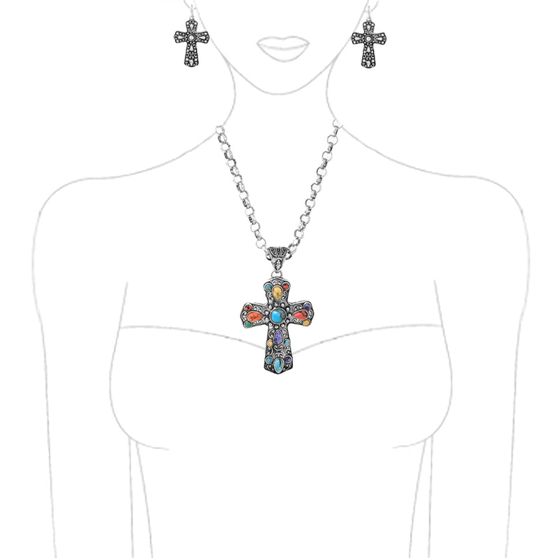 Rosemarie's Religious Gifts Women's Western Style Burnished Silver Tone Statement Christian Cross With Colorful Howlite Stones Necklace Earrings Gift Set, 18+3" Extender