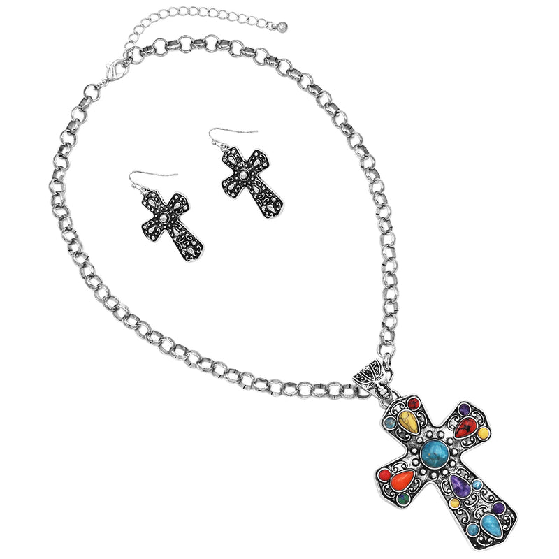 Rosemarie's Religious Gifts Women's Western Style Burnished Silver Tone Statement Christian Cross With Colorful Howlite Stones Necklace Earrings Gift Set, 18+3" Extender