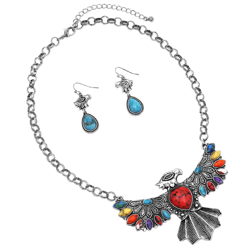 Western Glam Burnished Silver Tone Statement Aztec Thunderbird With Colorful Howlite Stones Necklace Earrings Gift Set, 18+3" Extender