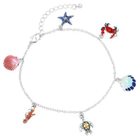 Whimsical Ocean Themed Anklet With Enamel On Polished Silver Tone Charm Ankle Bracelet, 8.5"+2" Extender (Sea Creatures)