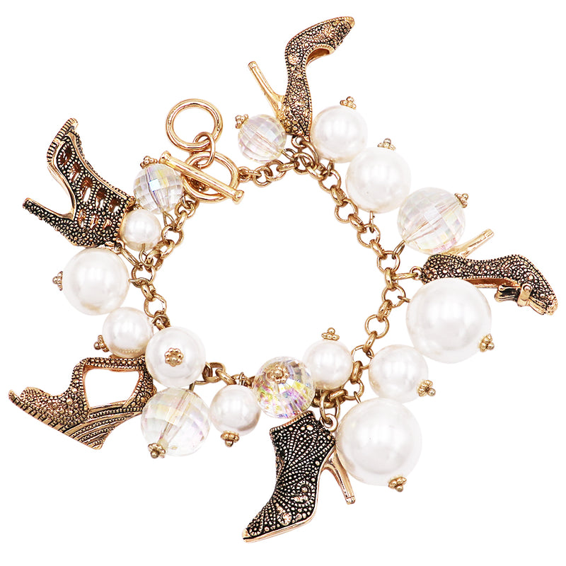 Women’s Stunning Faceted Crystal And Simulated Pearl With Statement Chunky Burnished Gold Tone High Heel Shoe Charms Bracelet With Toggle Clasp, 7"-7.5
