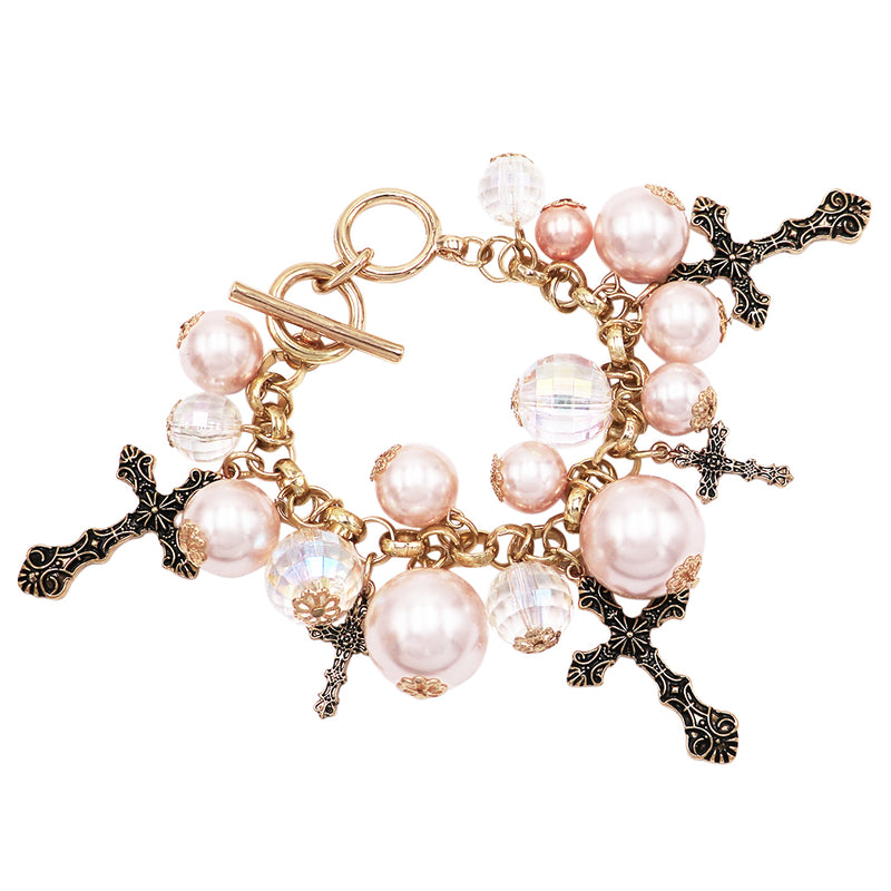 Religious Gifts Women's Stunning Burnished Gold Tone Cross Charms Faceted Crystal And Simulated Pearls On Designer Style Toggle Clasp Bracelet, 6"-6.75"