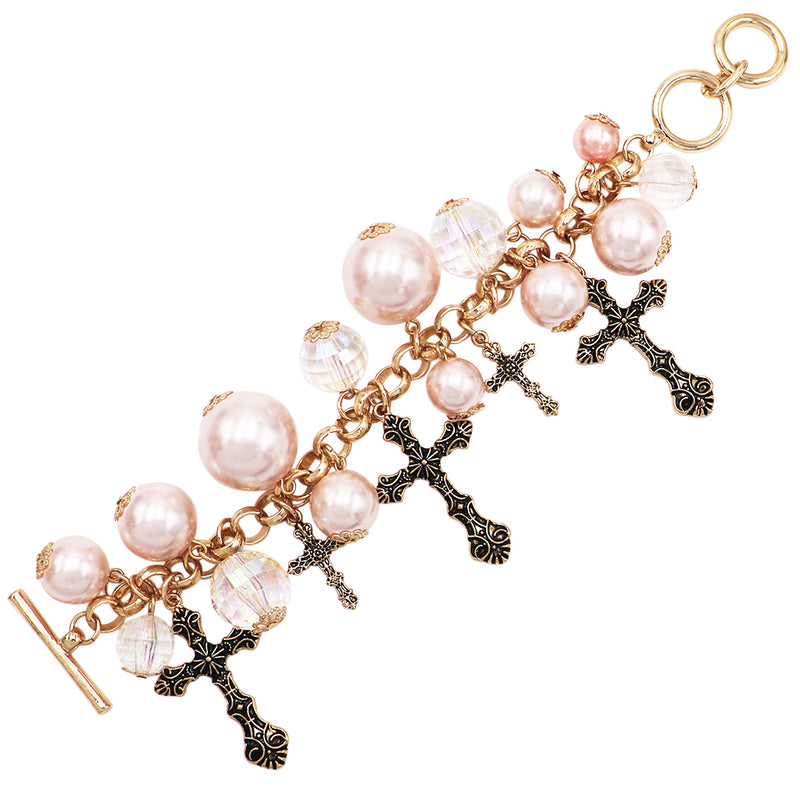 Religious Gifts Women's Stunning Burnished Gold Tone Cross Charms Faceted Crystal And Simulated Pearls On Designer Style Toggle Clasp Bracelet, 6"-6.75"