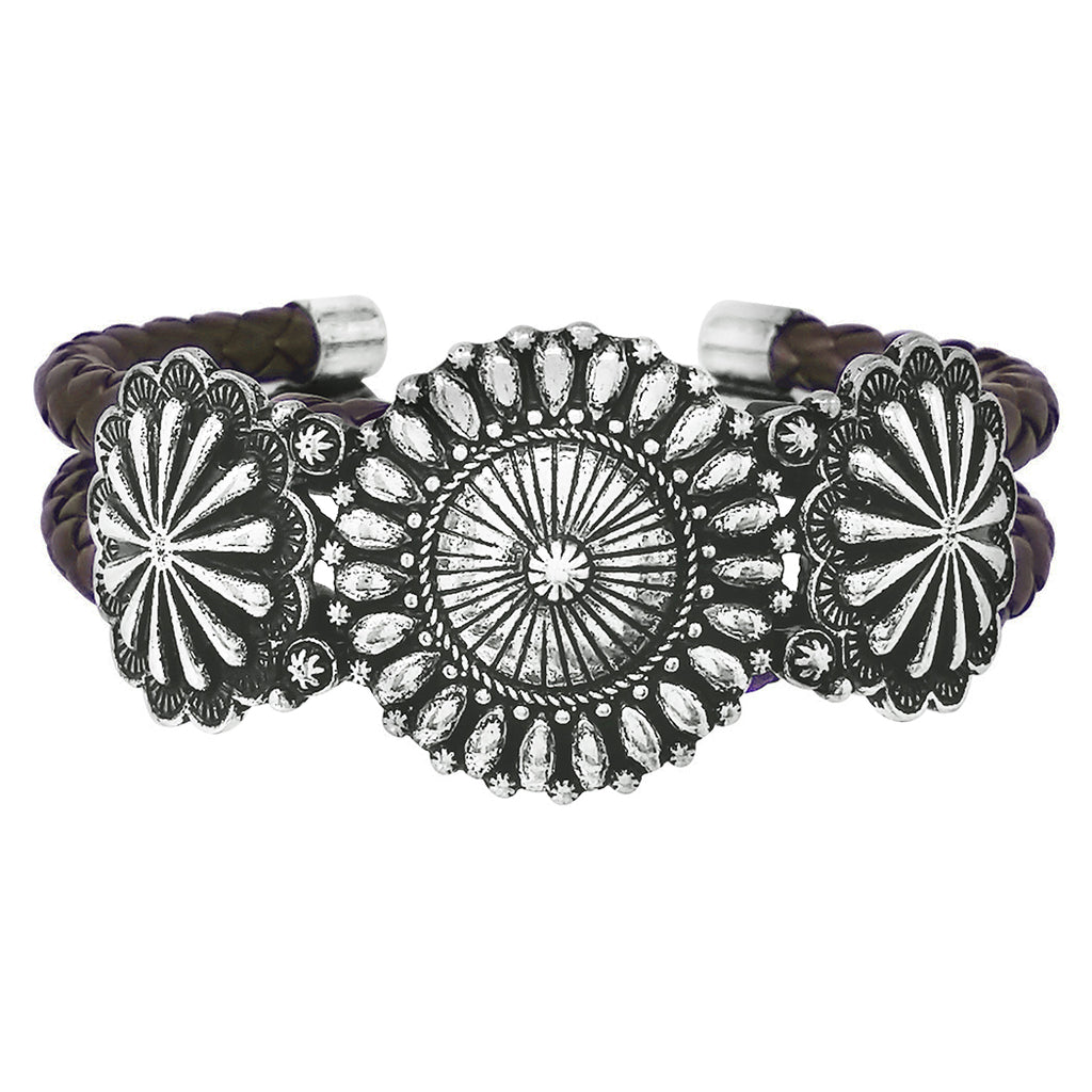 Cowgirl Chic Western Style Burnished Silver Tone Conchos On Open Cuff Bracelet, 7