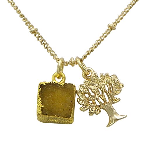 Bohemian Chic Natural Druzy Stone And Tree Of Life Pendant Charms Gold Tone Necklace Earring Set, 16.5"+3" Extender (Black)