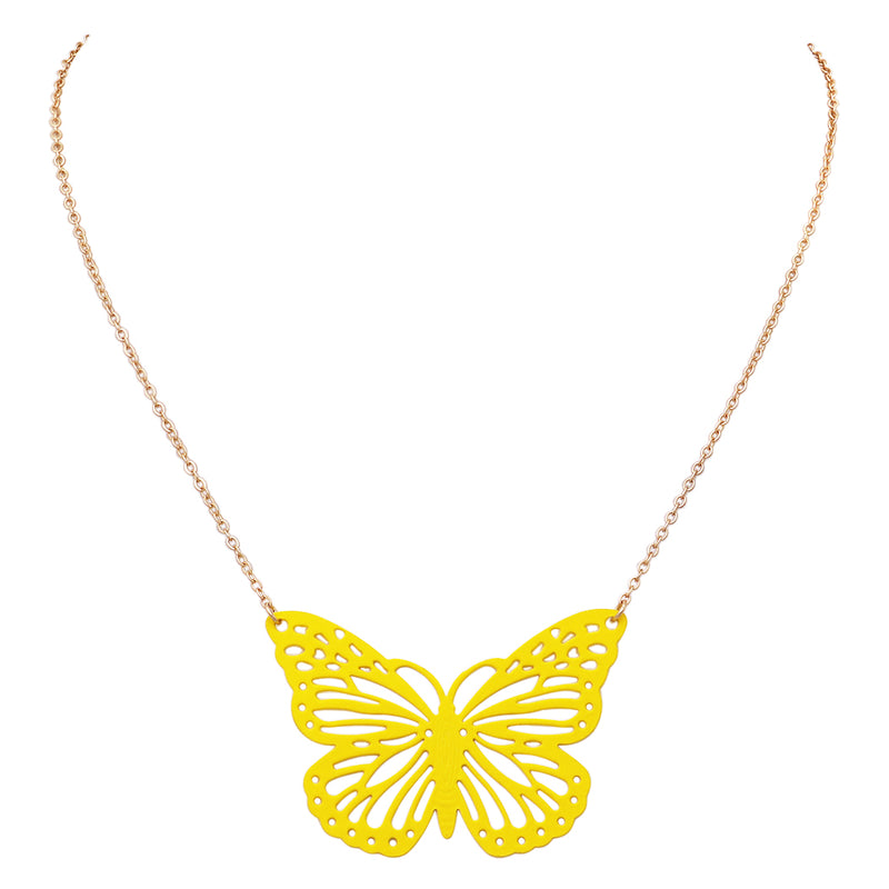 Whimsical Sunshine Yellow Coated Textured Metal Cutout Butterfly Necklace, 14"-17" with 3" Extender