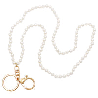 Knotted 6mm Pearl Bead Strand ID Badge Lanyard Necklace Keyring Facemask Eyeglass Holder, 32" (Cream Faux Pearl Gold Tone)