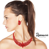 Elegant Statement Red Crystal Marquise Rhinestone Cluster Necklace Post Earrings Holiday Jewelry Gift Set 16"+ 2" Extender