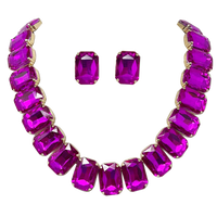Stunning And Colorful Emerald Cut Crystal Rhinestone Statement Necklace Earrings Bridal Gift Set, 16.5"+3" Extender (Fuchsia Pink Crystal Gold Tone)