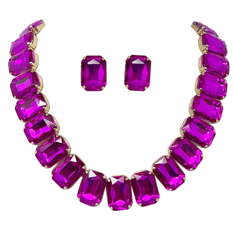 Stunning And Colorful Emerald Cut Crystal Rhinestone Statement Necklace Earrings Bridal Gift Set, 16.5"+3" Extender (Fuchsia Pink Crystal Gold Tone)