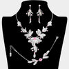 Women's 3 Piece Rhinestone Crystal And Metal Mesh Floral Statement Necklace Bracelet Earring Jewelry Set, 17"+4" Extender (Light Pink)
