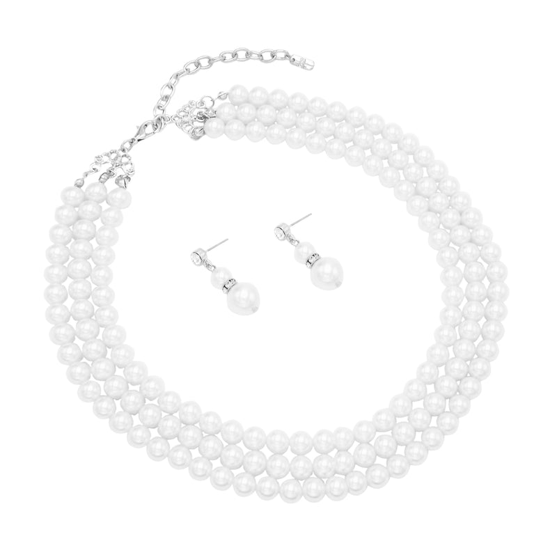 Women's Stunning Multi Strand Classic 8mm Faux Pearl Necklace And Earrings Set, 16"+3" Extender