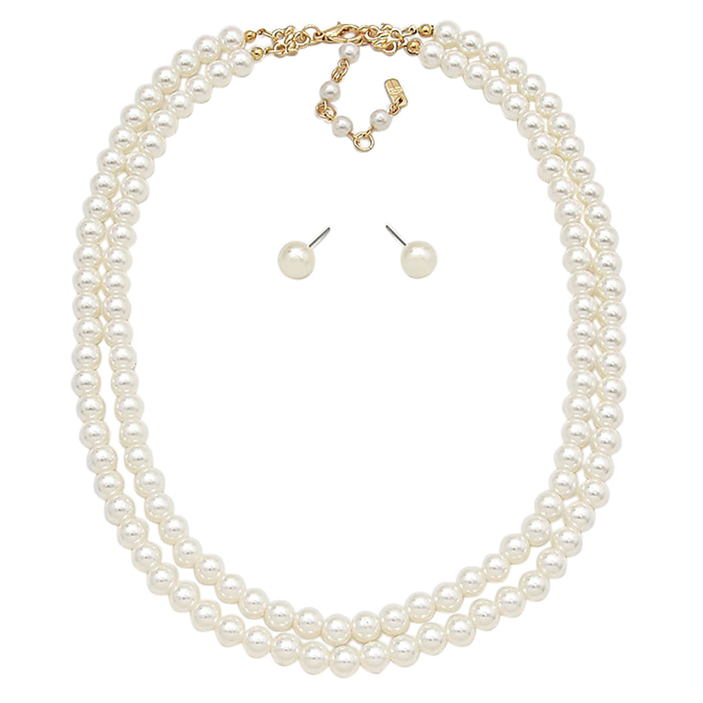 Double Strand Classic Simulated Pearl Necklace and Earring Jewelry Gift Set, 20