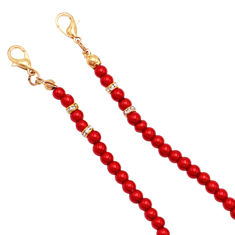 Elegant Designer Faux Pearl Bead with Dainty Crystal Detail Fashion Face Mask Holder Strap Necklace Lanyard, 27.5" (Red)