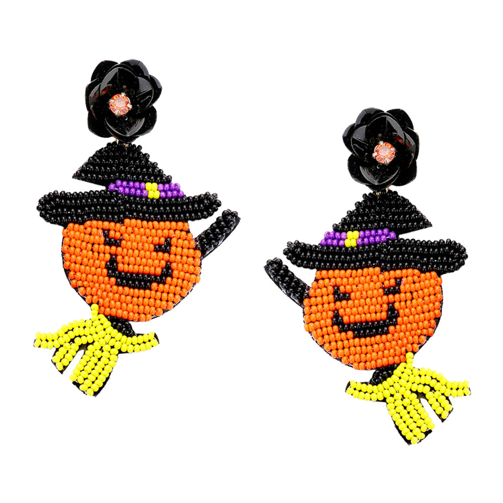 Decorative Seed Bead Halloween Pumpkin Earrings, 2.75