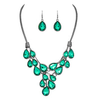 Stunning Teardrop Crystal Statement Bib Necklace Earrings Set, 13"+3" Extender (Emerald Green)