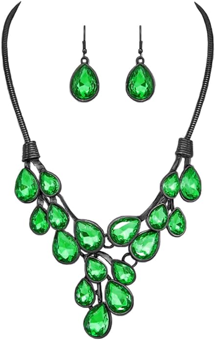 Stunning Teardrop Crystal Holiday Statement Bib Necklace Earrings Gift Set, 13"+3" Extender ( Erinite Green)