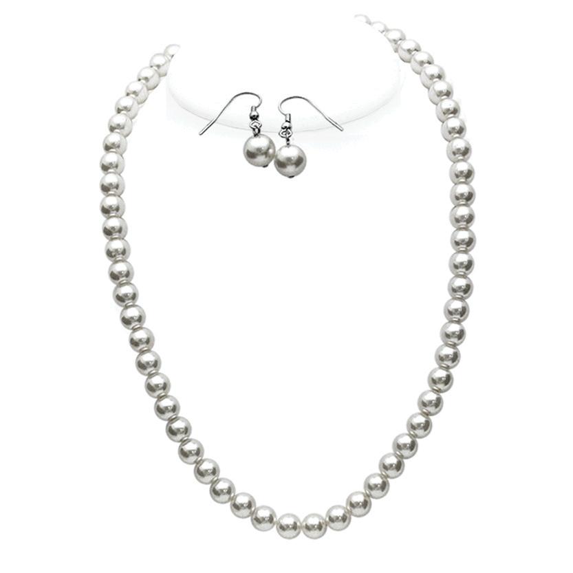 Simulated 8mm Glass Pearl Necklace Strand And Dangle Earrings Set, 16