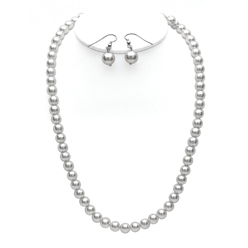 Simulated 8mm Glass Pearl Necklace Strand And Dangle Earrings Set, 16