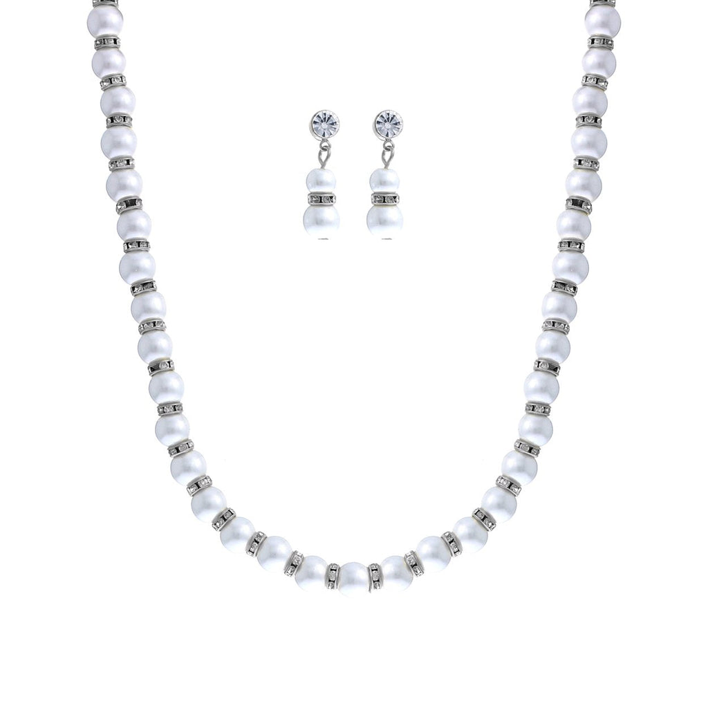 Classic Simulated Pearl And Crystal Rhinestone Bridal Necklace With Hypo Allergenic Earrings Set 16