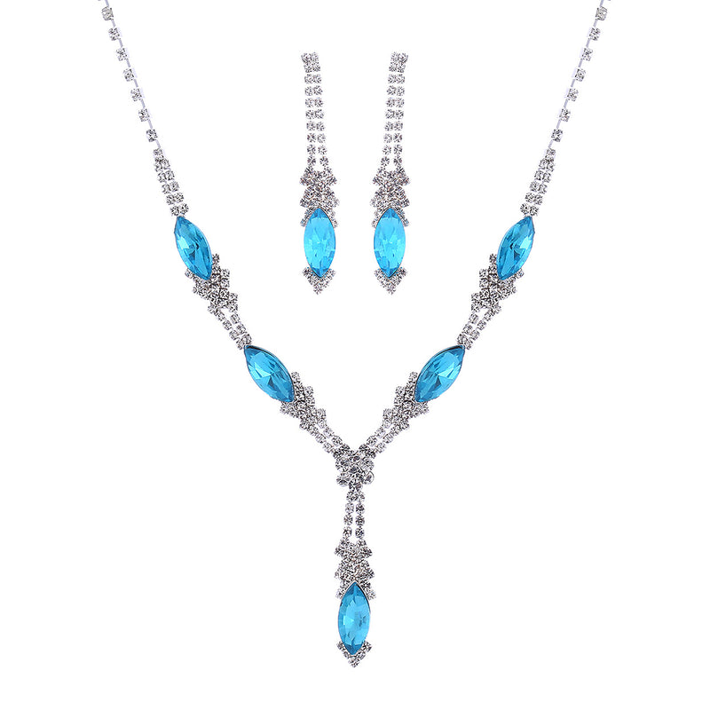 Crystal Rhinestone Marquise Bridal Necklace and Earrings Set (Blue Zircon)