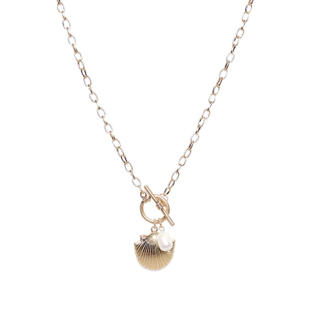 Stunning Gold Tone Rolo Link Chain With Seashell And Pearl Charm Toggle Clasp Collar Necklace, 18