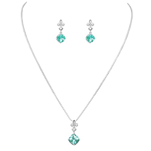 Rosemarie & Jubalee Women's Made In Italy Dainty Sterling Silver Wheat Chain With Adjustable Slide And Cushion Cut Crystal Necklace Pendant Post Earrings Gift Set, 22" (Peridot Green)