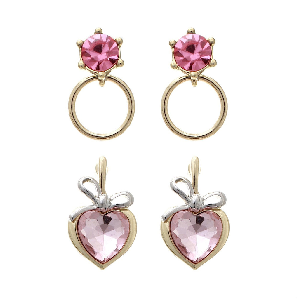 Princess Hypoallergenic Gold Tone Pink Crystal Heart Hoop Stud Earrings Set of 2