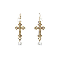 Stunning Metal Cross With Simulated Pearl And Crystal Dangle Earrings, 1.75" (Budded Cross)