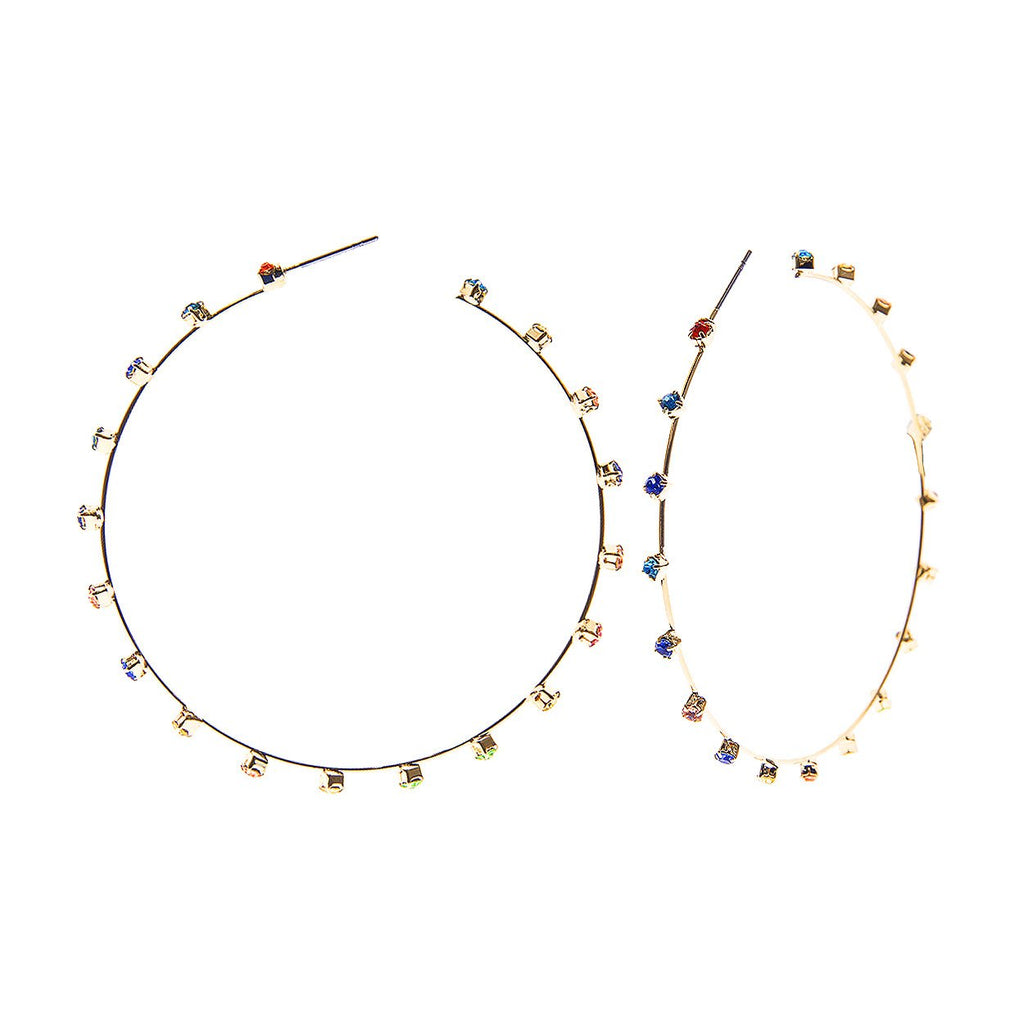 Dazzling Crystal Station Open Hoop Hypoallergenic Post Earrings, 60mm (Rainbow/Gold Tone)
