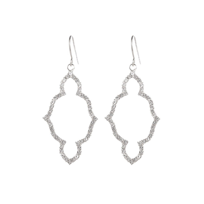 Moroccan Shaped Stunning Pave Crystal Elongated Barbed Quatrefoil Dangle Earrings St. Patrick's Day, 2" (Dainty Silver Tone Clear Crystal)