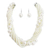 Stunning Twisted Multi Strand Simulated Pearl Necklace And Earrings Jewelry Set, 16"+3" Extender (Cream Pearl Silver Tone)