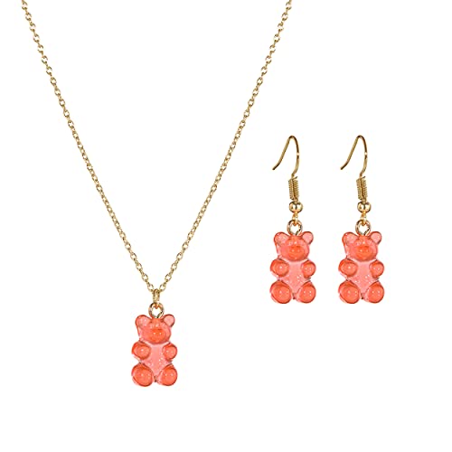 Sweet Fun Petite Resin Gummy Bear Pendant Necklace Dangle Earrings Gift Set, 16"+3" Extender (Light Orange Coral)