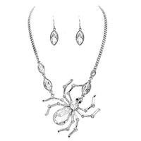 Chic And Unique Statement Size Polished Metal Crystal Spider Necklace Earrings Set, 16"+3" Extender (Silver Tone)