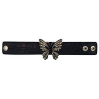 Stunning Crystal And Enamel Covered Hematite Tone Butterfly On Chic Black Vegan Leather Band With Snap Closure Cuff Bracelet, 7.5"-8.5"