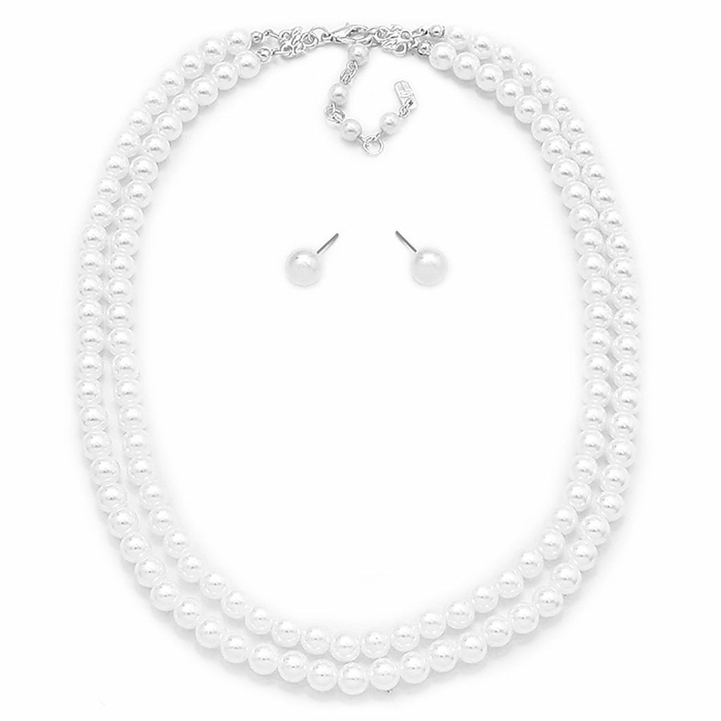 Double Strand Classic Simulated Pearl Necklace and Earring Jewelry Set, 20
