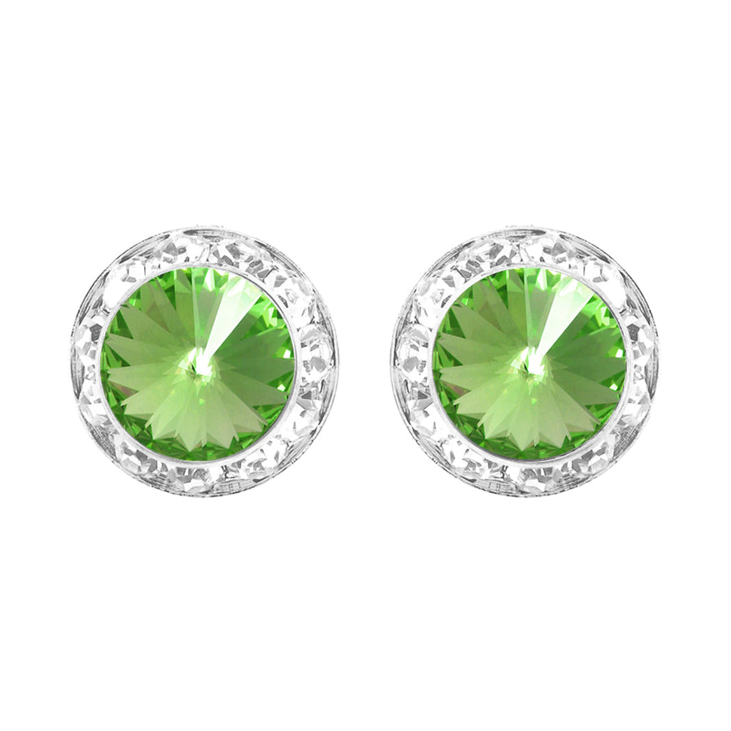Hypoallergenic Post Back Halo Earrings Made with Swarovski Crystals, 15mm (Peridot Green Silver Tone)