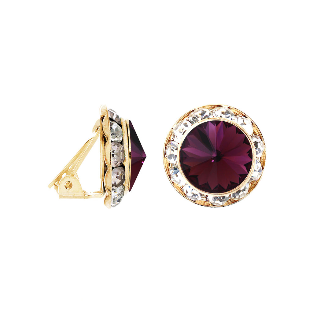 Timeless Classic Statement Clip On Earrings Made With Swarovski Crystals, 15mm-20mm (20mm, Amethyst Purple Gold Tone)