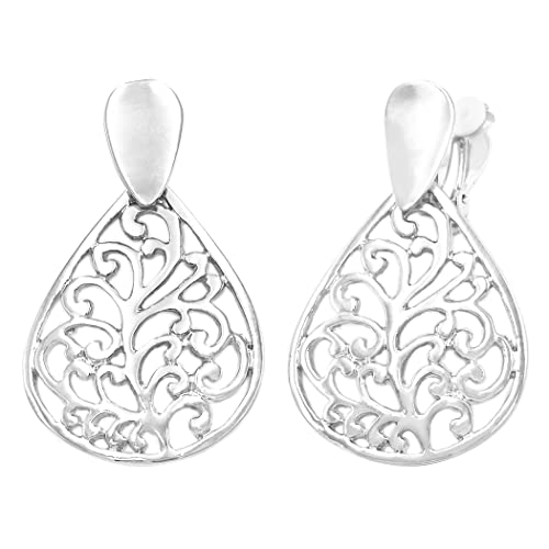 Chic Statement Metal Teardrop Shaped Filigree Cut Out Dangle Clip On Style Earrings, 2.25